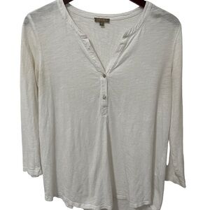 Lilla P Women’s Medium White V Neck Button Long Sleeve Cotton Casual Top